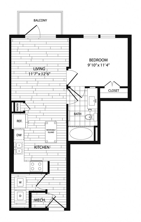 Floor plan for 1 bed, 1 bath, 620 sqft